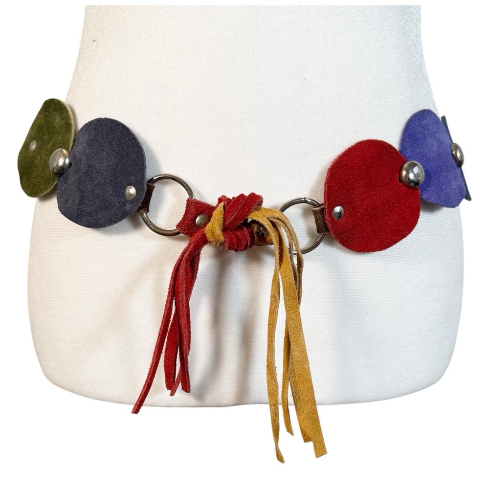 VTG Y2K Suede Disc Belt Colorful Small Medium Leather Hippie Fringe Boho